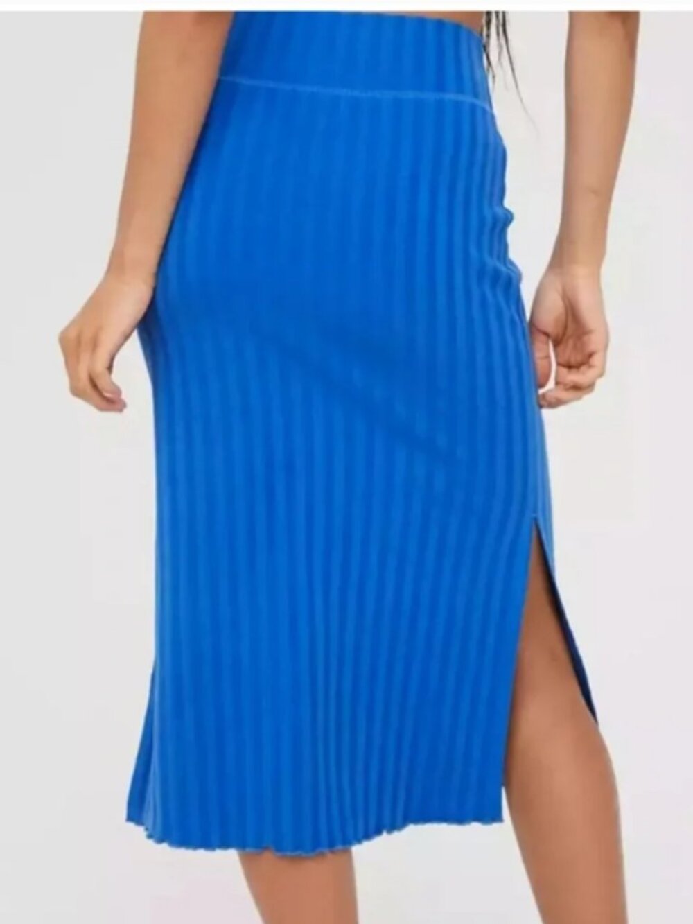 NEW Aerie Offline Blue Midi Skirt Medium M Ribbed Cotton Stretch OG Groove Slit - Picture 2 of 12